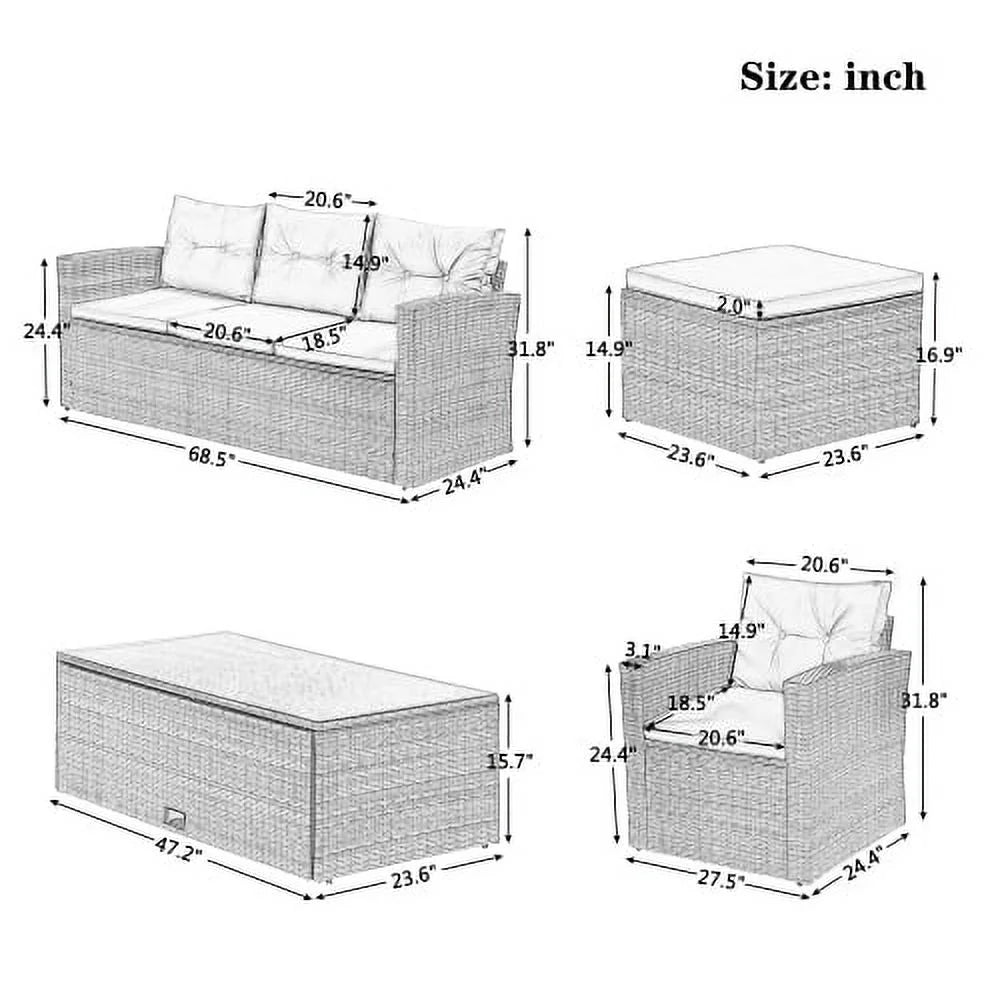 6 Piece Outdoor Patio Furniture Conversation Set with Coffee Table, All-Weather Wicker PE Rattan Sectional Sofas with Ottomans, Black Wicker Beige Cushion J148785