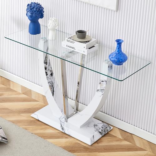 Glass Console Table, 50 inch Clear Glass Narrow Sofa Table with Wood Grain Base and Metal Frame Y6885