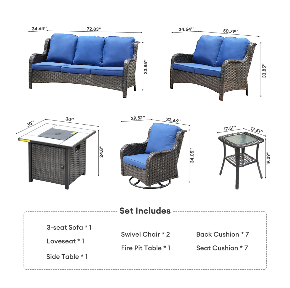 Navy Blue 6 Piece Outdoor Patio Sectional Sofa Set with Fire Pit Table N7790