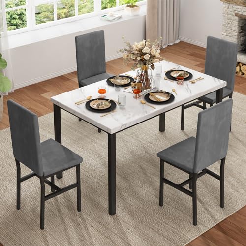 Dining Table Set for 4 with Faux Marble Tabletop and 4 PU Leather Chairs X936664