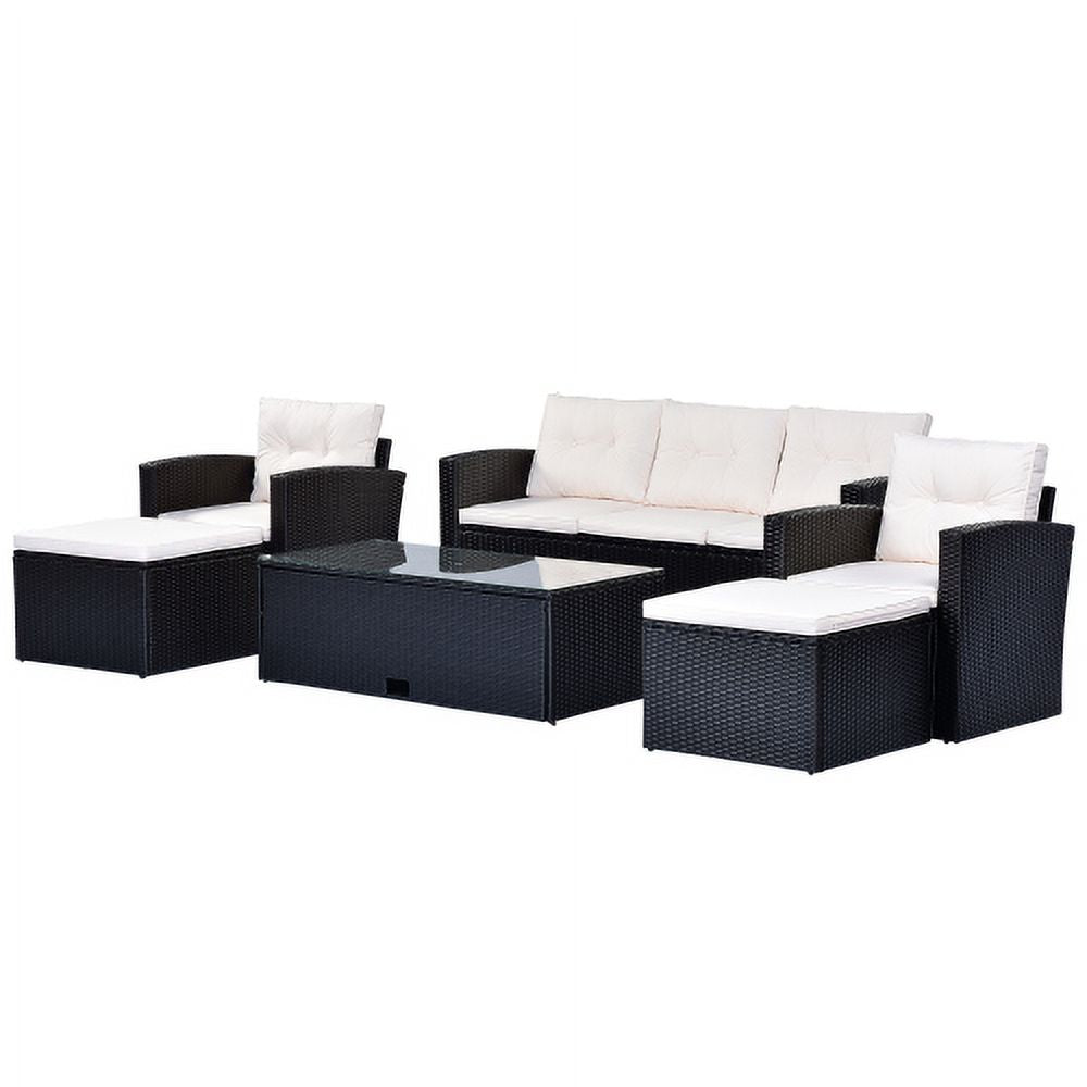 6 Piece Outdoor Patio Furniture Conversation Set with Coffee Table, All-Weather Wicker PE Rattan Sectional Sofas with Ottomans, Black Wicker Beige Cushion J148785