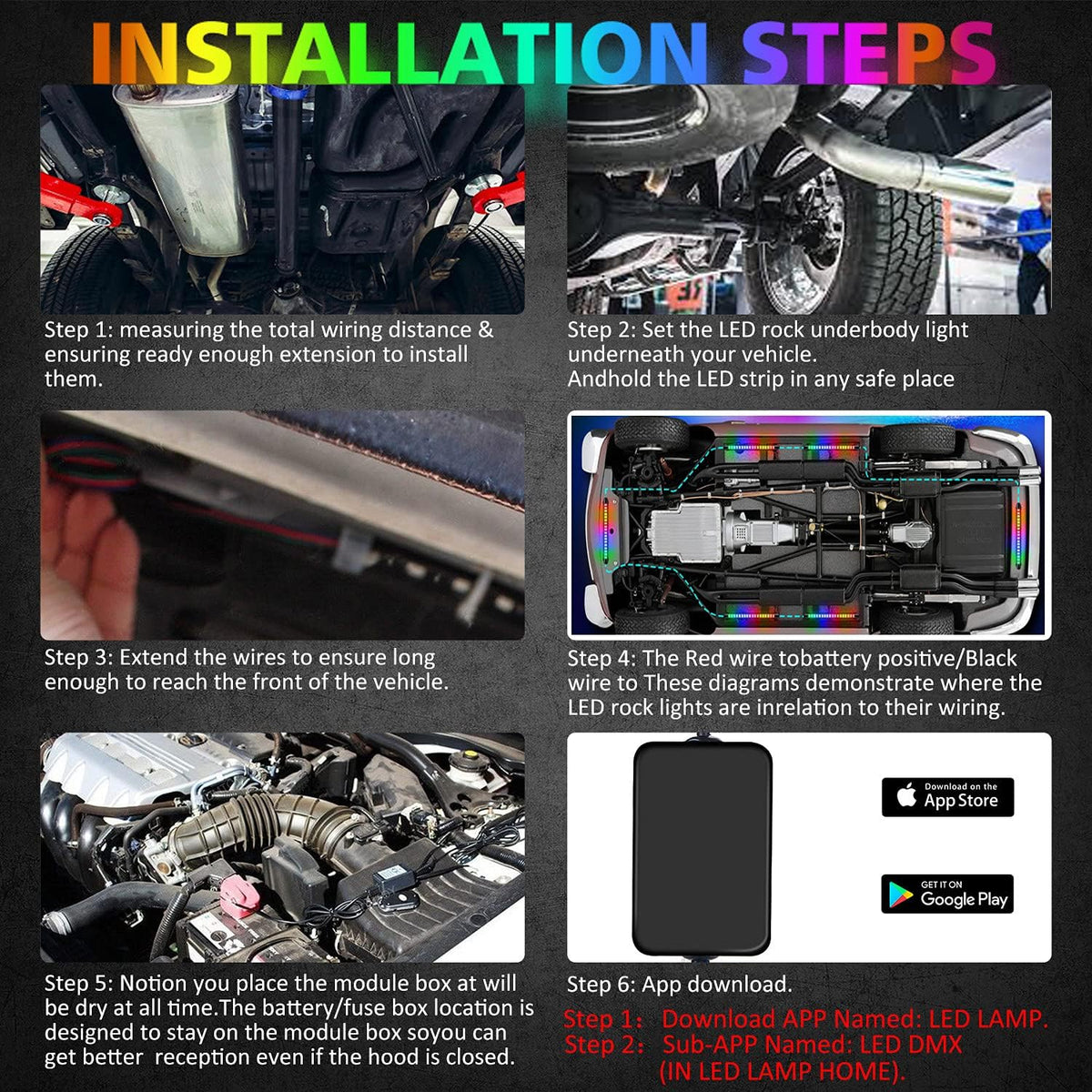3-Pin 6PCS Car Double-Row Dreamcolor Underglow Lights Kit with APP IP68 12V Pack of 2 B8188