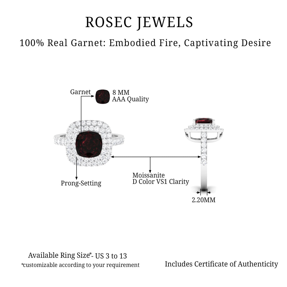 4 CT Garnet Engagement Ring with Double Halo Moissanite, 925 Sterling Silver O589114