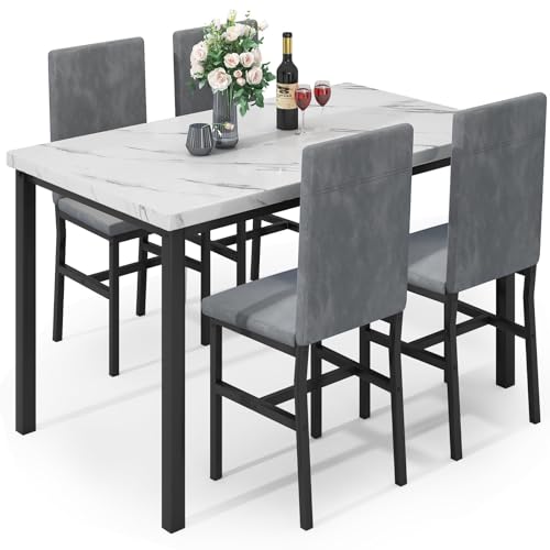 Dining Table Set for 4 with Faux Marble Tabletop and 4 PU Leather Chairs X936664