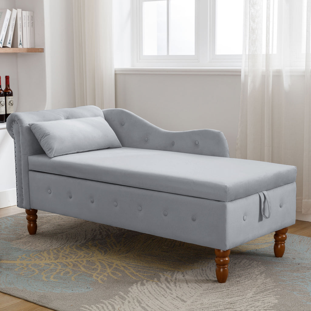 Grey Velvet Chaise Lounge with Storage & Pillow R129
