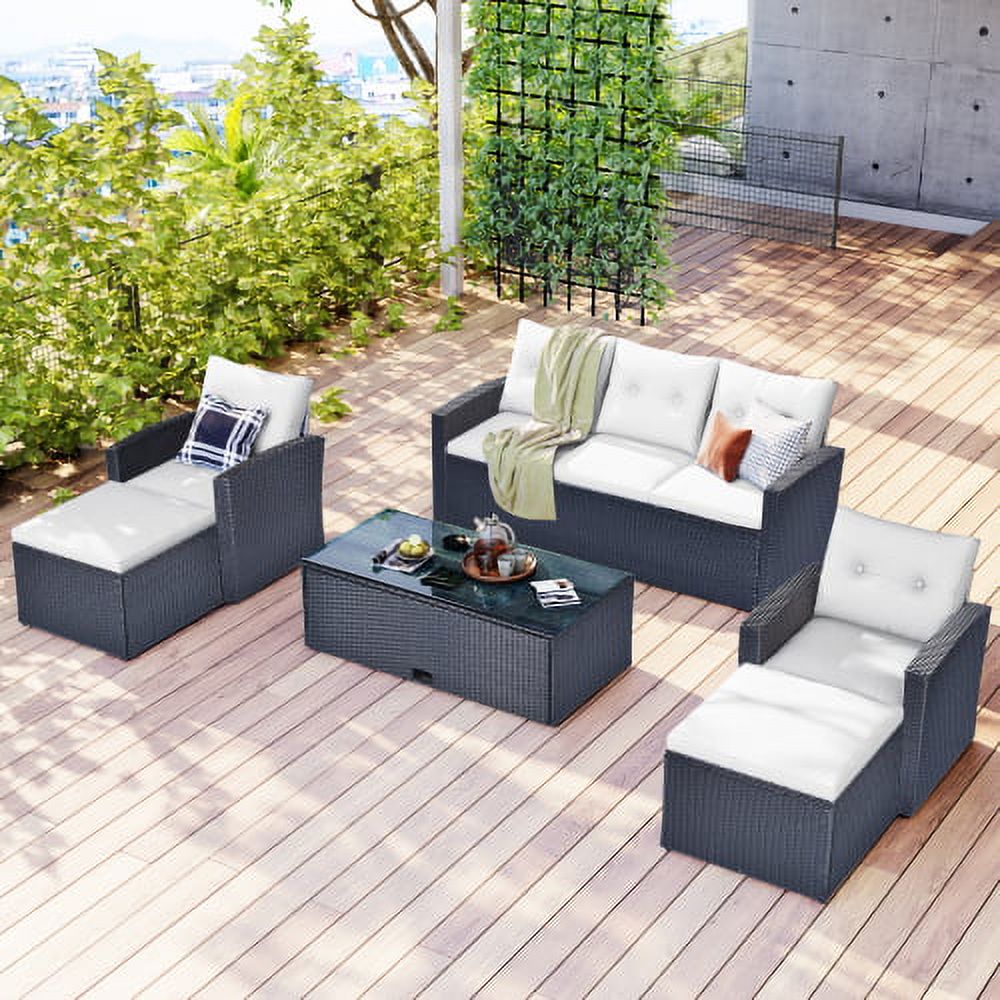 6 Piece Outdoor Patio Furniture Conversation Set with Coffee Table, All-Weather Wicker PE Rattan Sectional Sofas with Ottomans, Black Wicker Beige Cushion J148785