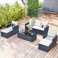 6 Piece Outdoor Patio Furniture Conversation Set with Coffee Table, All-Weather Wicker PE Rattan Sectional Sofas with Ottomans, Black Wicker Beige Cushion J148785