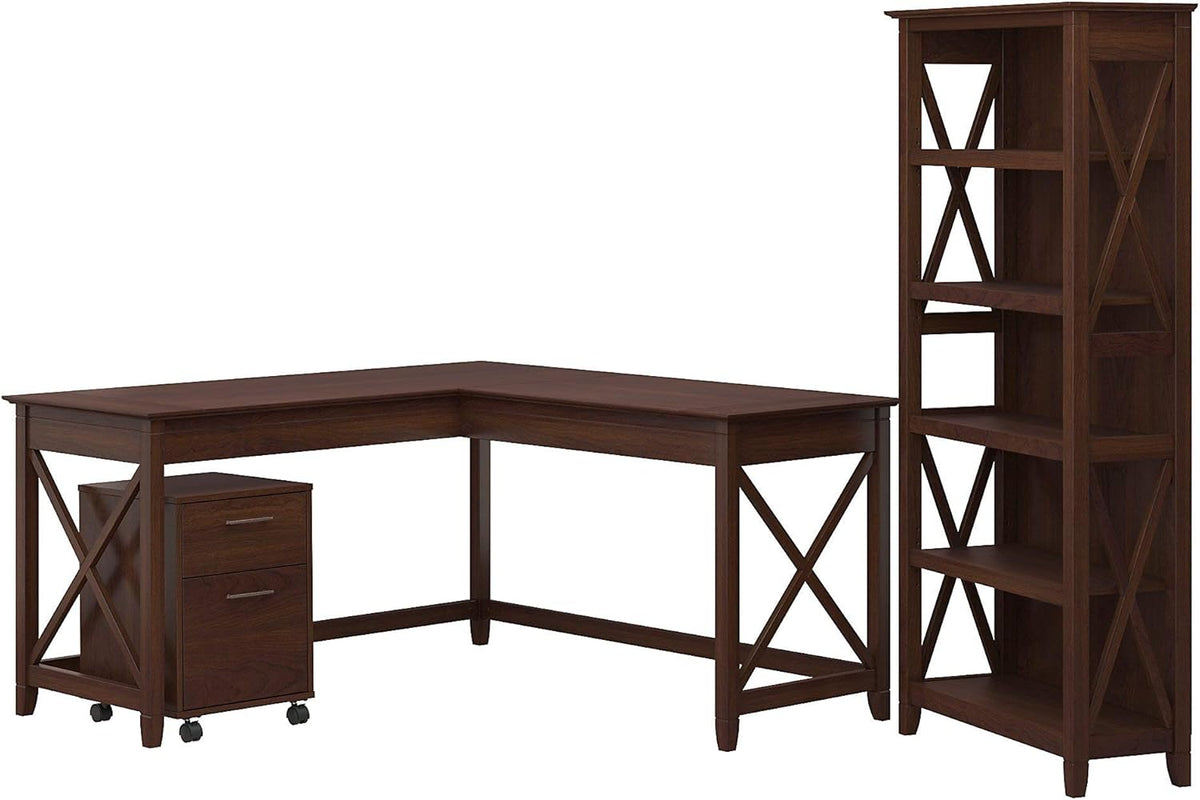 60W L Shaped Desk with 2 Drawer Mobile File Cabinet and 5 Shelf Bookcase R7957