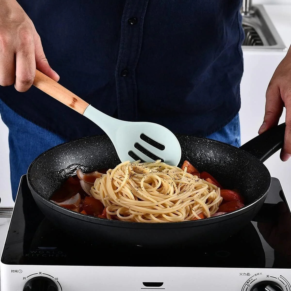 11 Pcs Non-Stick Silicone Cooking Utensils Set with Wooden Handle (Light Green) E96697