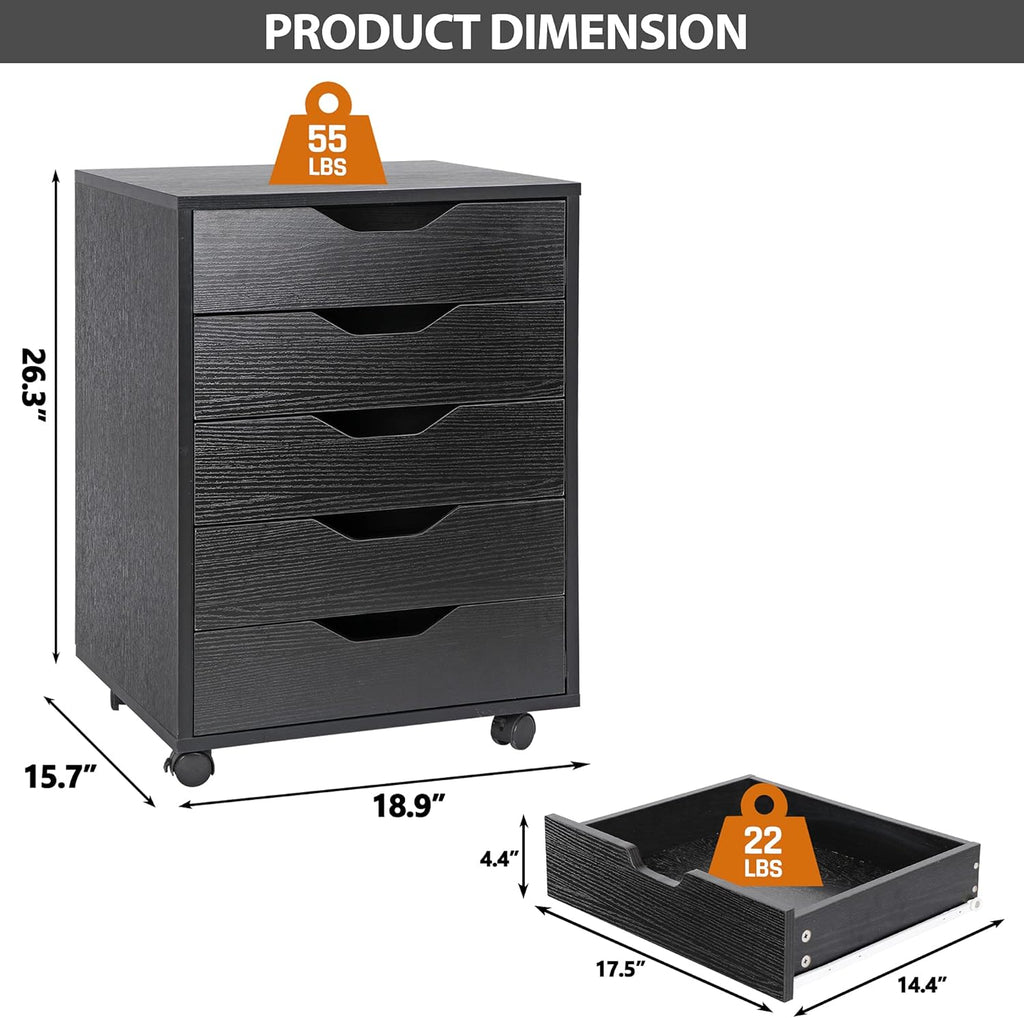 5 Drawer Mobile Wood Filing Cabinet with Lockable Casters, Black, Pack of 2 V78791