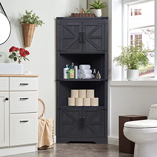 Black Tall Corner Storage Cabinet with Barn Door Design & Adjustable Shelves I244