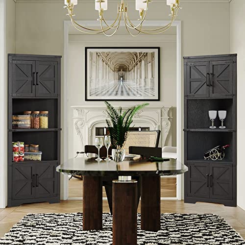 Black Tall Corner Storage Cabinet with Barn Door Design & Adjustable Shelves I244