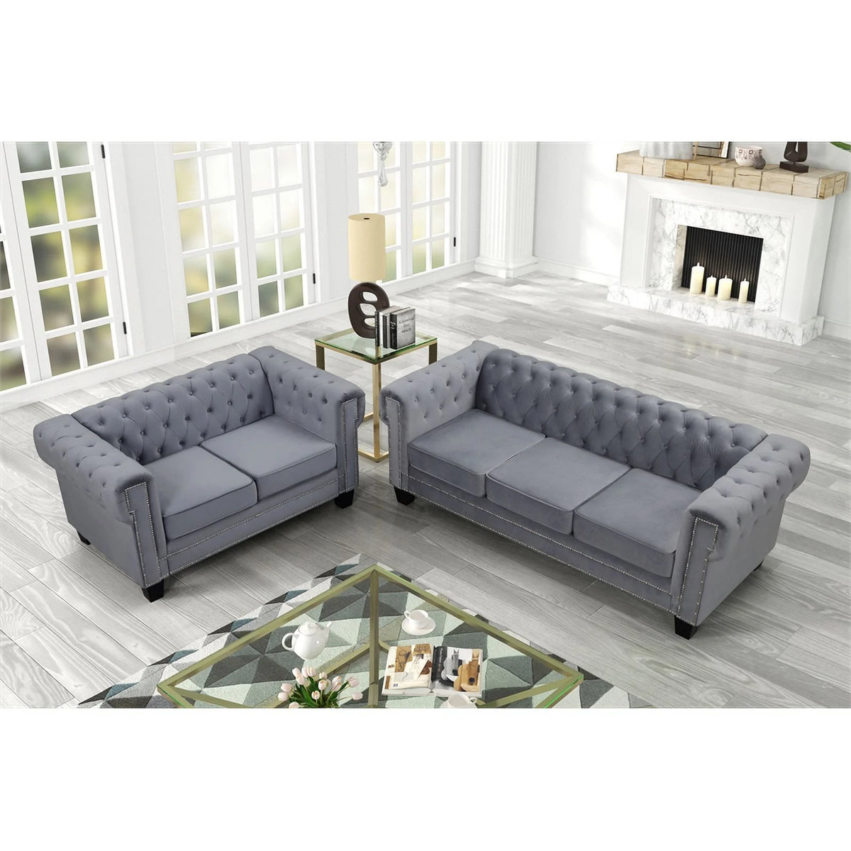 Gray 2-Piece Velvet Fabric Living Room Furniture Set D886042