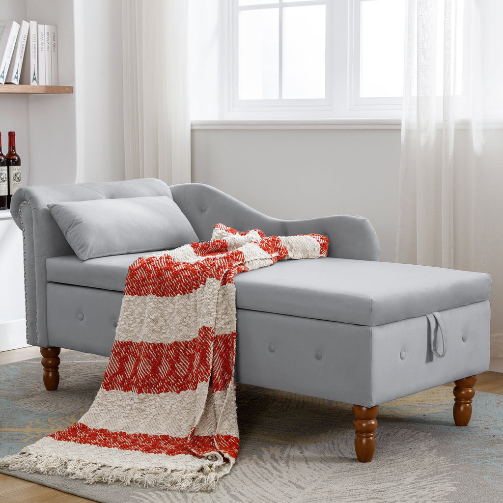 Grey Velvet Chaise Lounge with Storage & Pillow R129