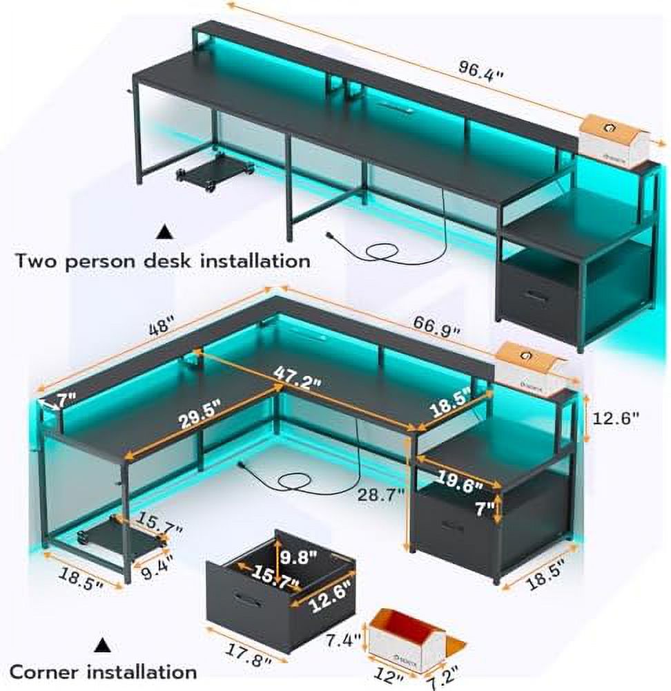 L Shaped Gaming Desk with File Drawer and Power Outlet U14938