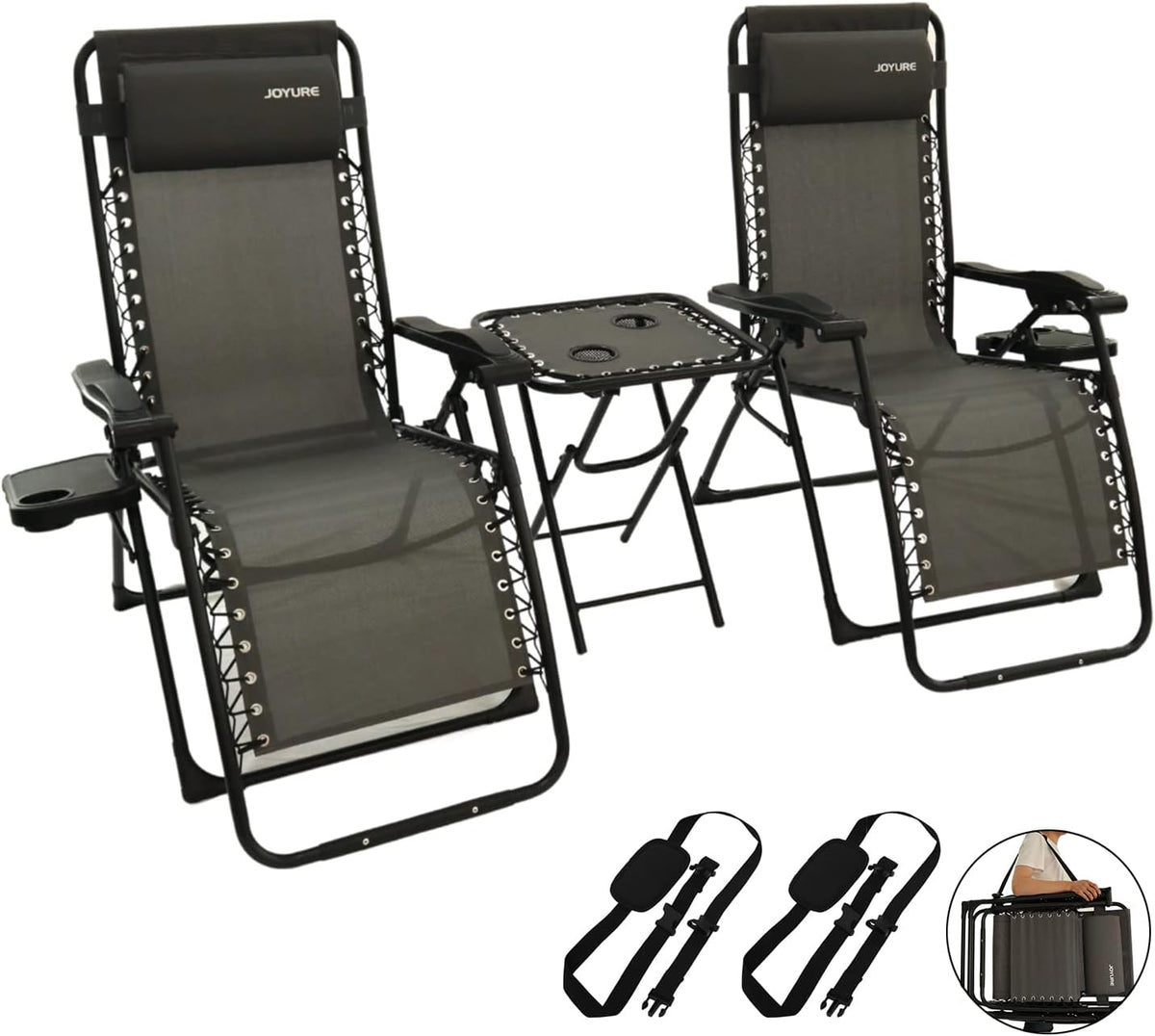 Grey 3 PCS Zero Gravity Lounger Folding Chair Recliners with Carry Strap and Portable Table S814307