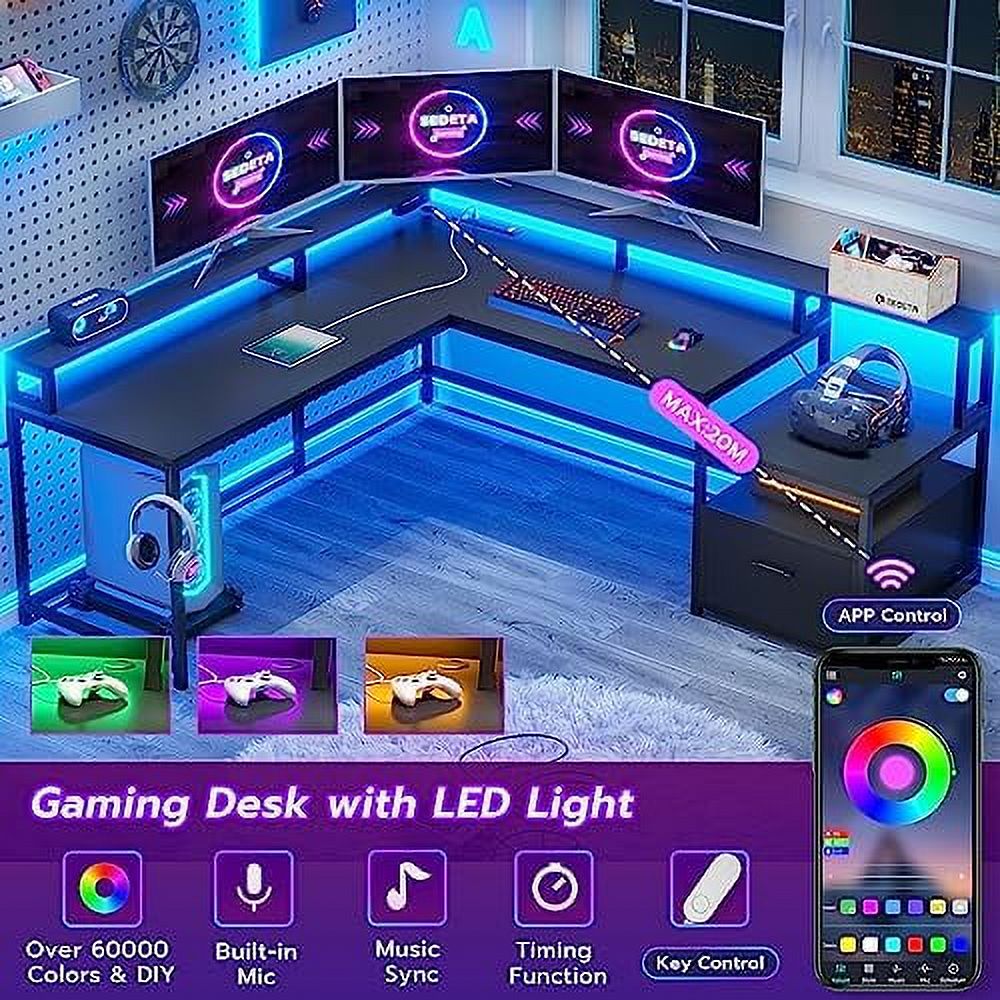 L Shaped Gaming Desk with File Drawer and Power Outlet U14938