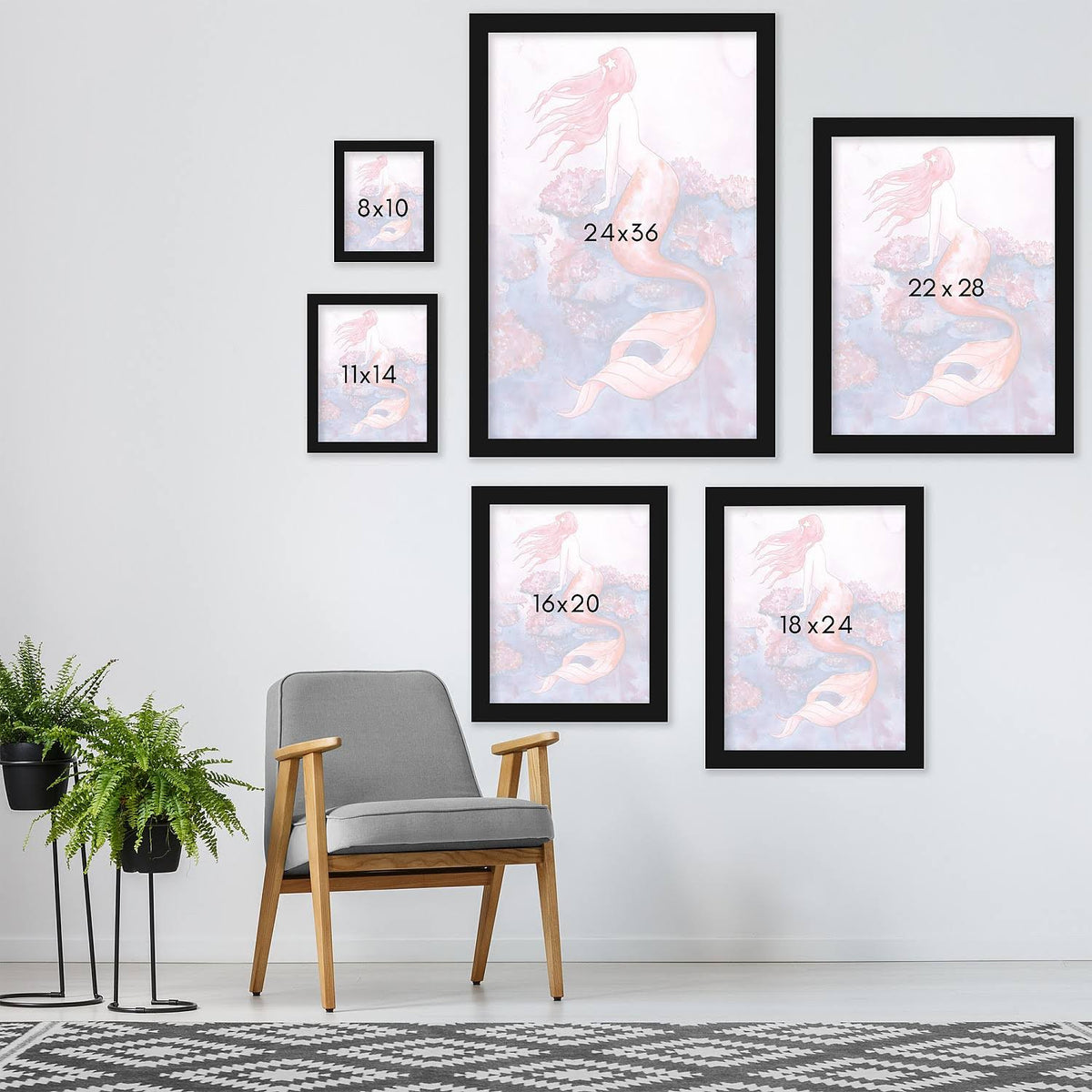 Red Coral Mermaid Black Frame 11x22x14x22 Y391237