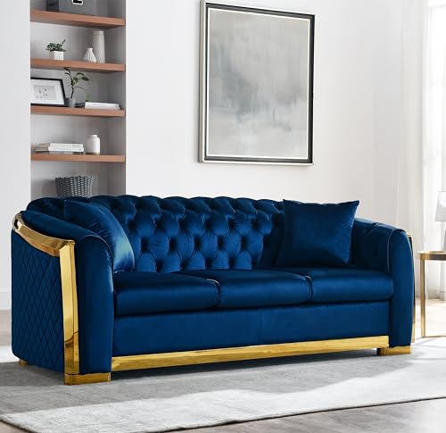 Blue Tufted Velvet 3 Seater Sofa with 2 Pillows G693