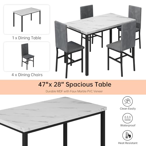 Dining Table Set for 4 with Faux Marble Tabletop and 4 PU Leather Chairs X936664