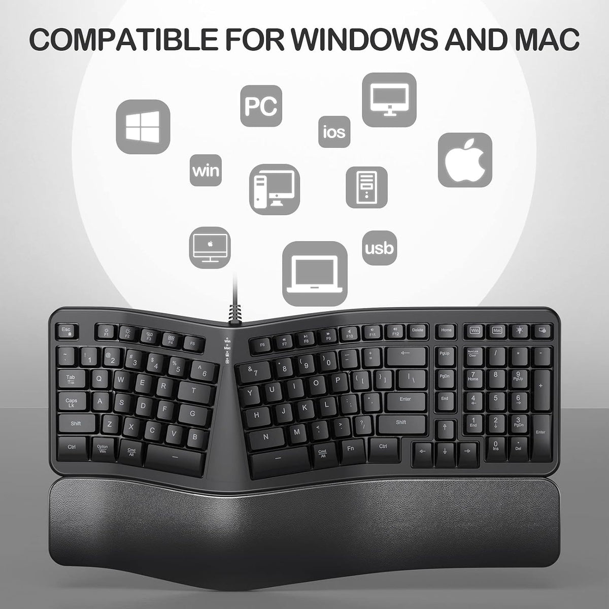 Backlit Wired Ergonomic Split Keyboard with Wrist Rest, 104 Keys E279445