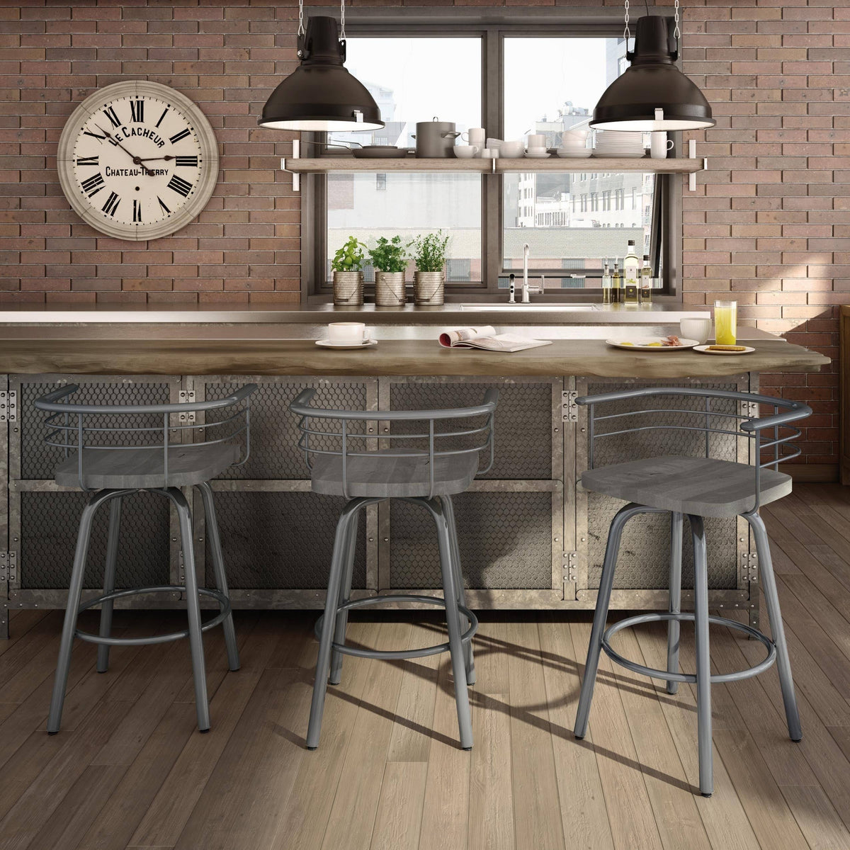 Swivel Metal Counter Stool with Distressed Wood Seat T300