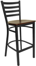 Black Ladder Back Metal Bar Stool with Mahogany Wood Seat Z62529