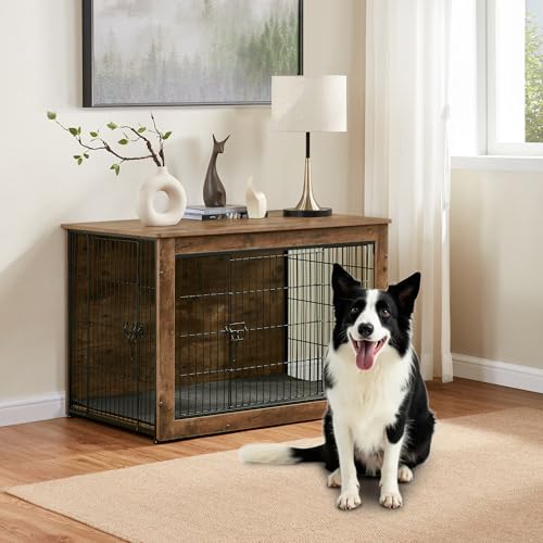 Wooden Dog Crate End Table with Dual Doors, 27 Inch N727803