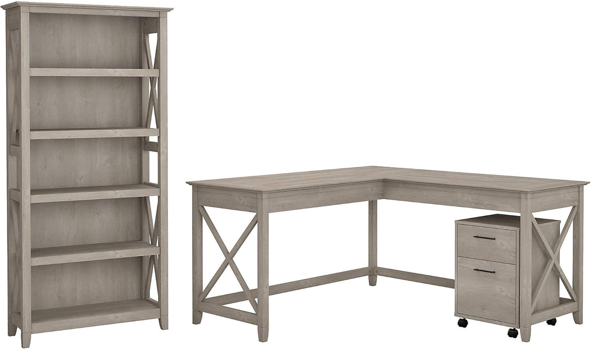 60W L Shaped Desk with 2 Drawer Mobile File Cabinet and 5 Shelf Bookcase R7957