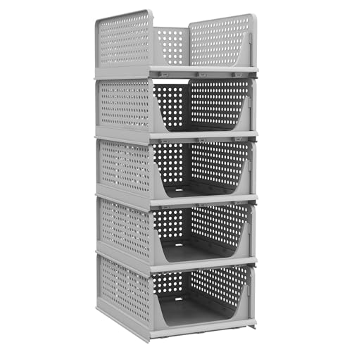 5 Pack Stackable Plastic Storage Basket Foldable Storage Bins K972