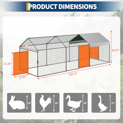 Large Metal Chicken Coop, 120" x 40" x 40" with Cover, 3 Lockable Doors R472341