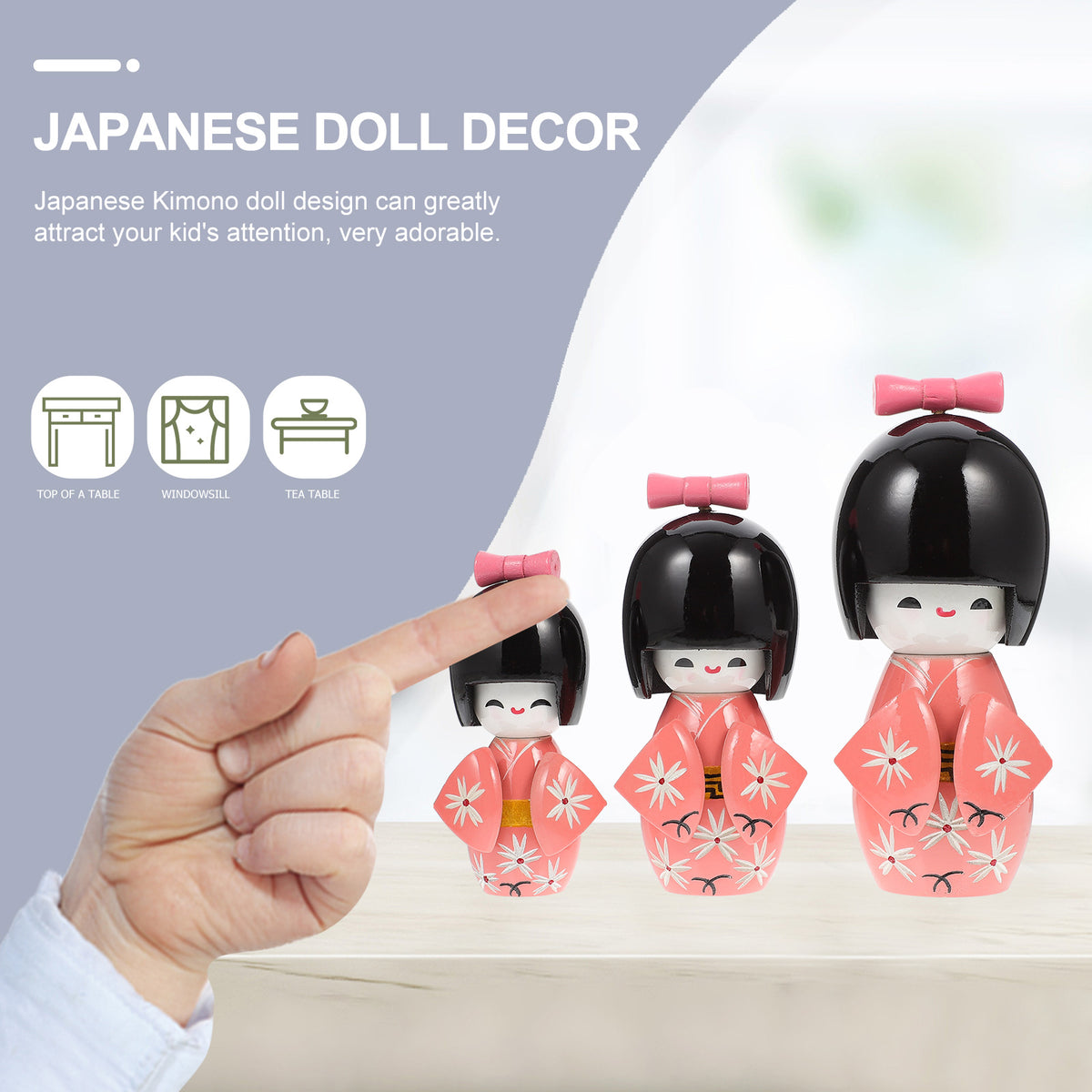3 Pcs Wooden Japanese Kimono Doll Figurine T606551