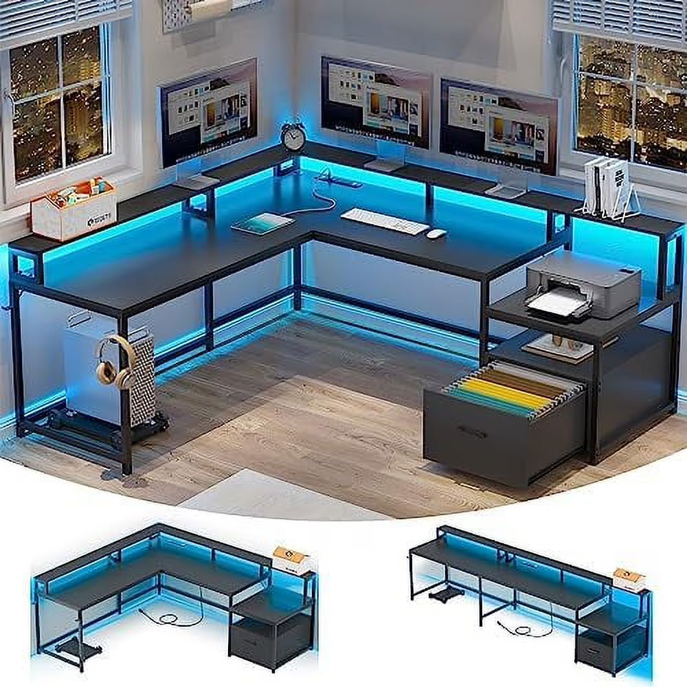 L Shaped Gaming Desk with File Drawer and Power Outlet U14938