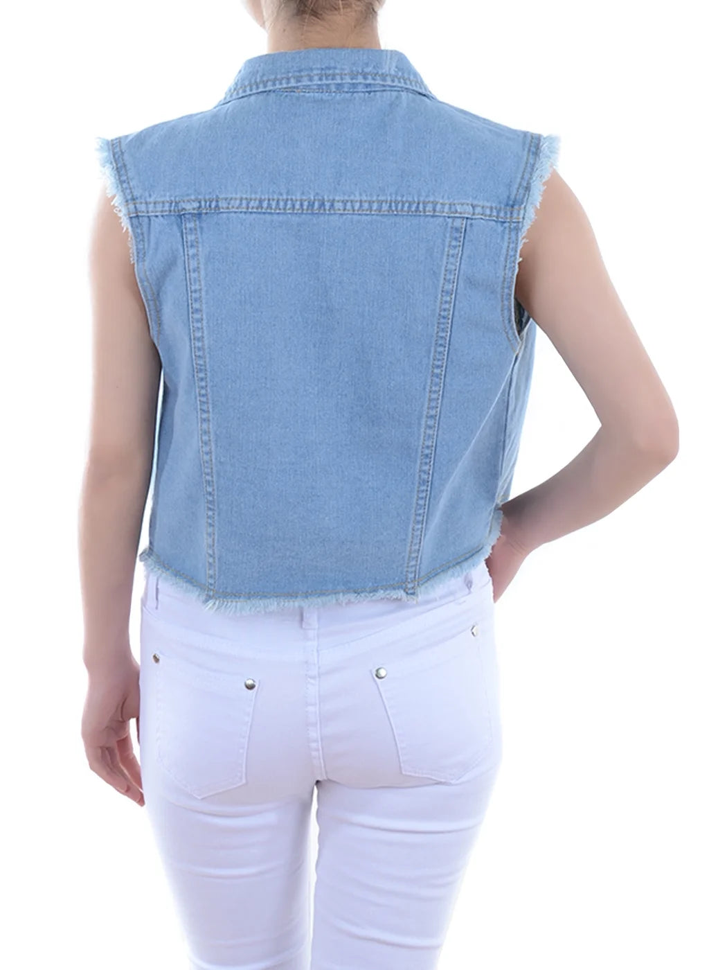 Distressed Denim Button Up Sleeveless Crop Vest P66782