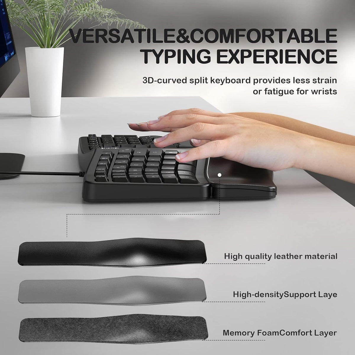 Backlit Wired Ergonomic Split Keyboard with Wrist Rest, 104 Keys E279445