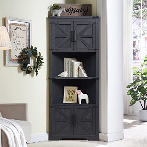 Black Tall Corner Storage Cabinet with Barn Door Design & Adjustable Shelves I244
