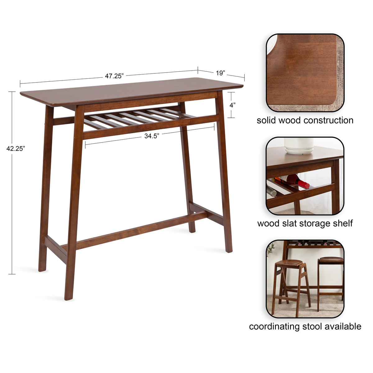 Walnut Brown Wooden Pub Table with Storage Shelf D4194