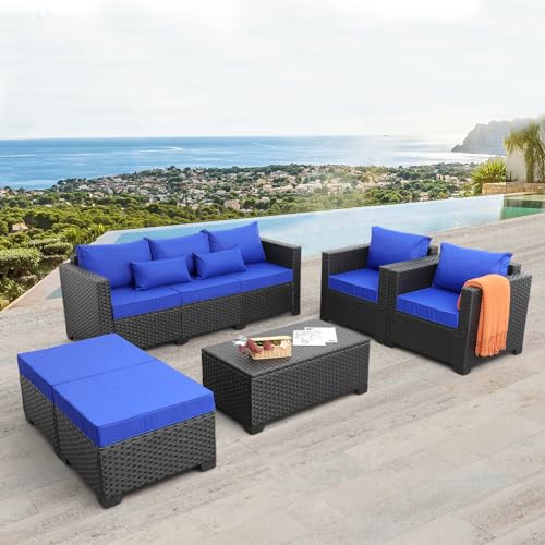 6 Piece HDPE Wicker Patio Conversation Sofa Set with Grey Cushions C455