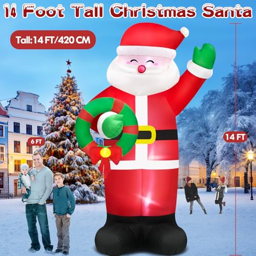 14FT Giant Christmas Inflatables Santa Claus with Wreath Built-in LED Lights I83676