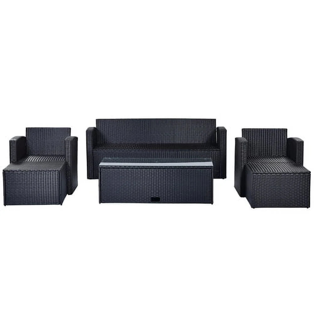 6 Piece Outdoor Patio Furniture Conversation Set with Coffee Table, All-Weather Wicker PE Rattan Sectional Sofas with Ottomans, Black Wicker Beige Cushion J148785
