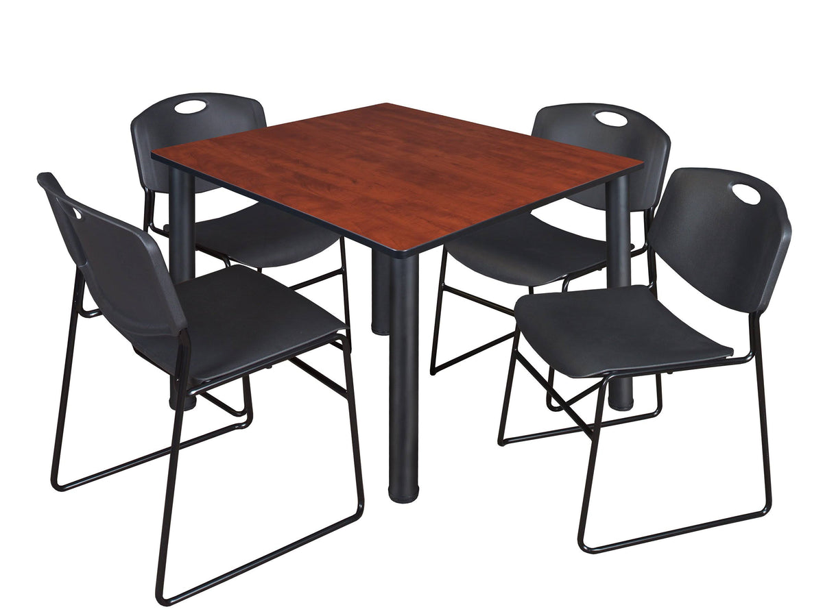 Cherry Black Square Breakroom Table with 4 Stack Chairs A9792