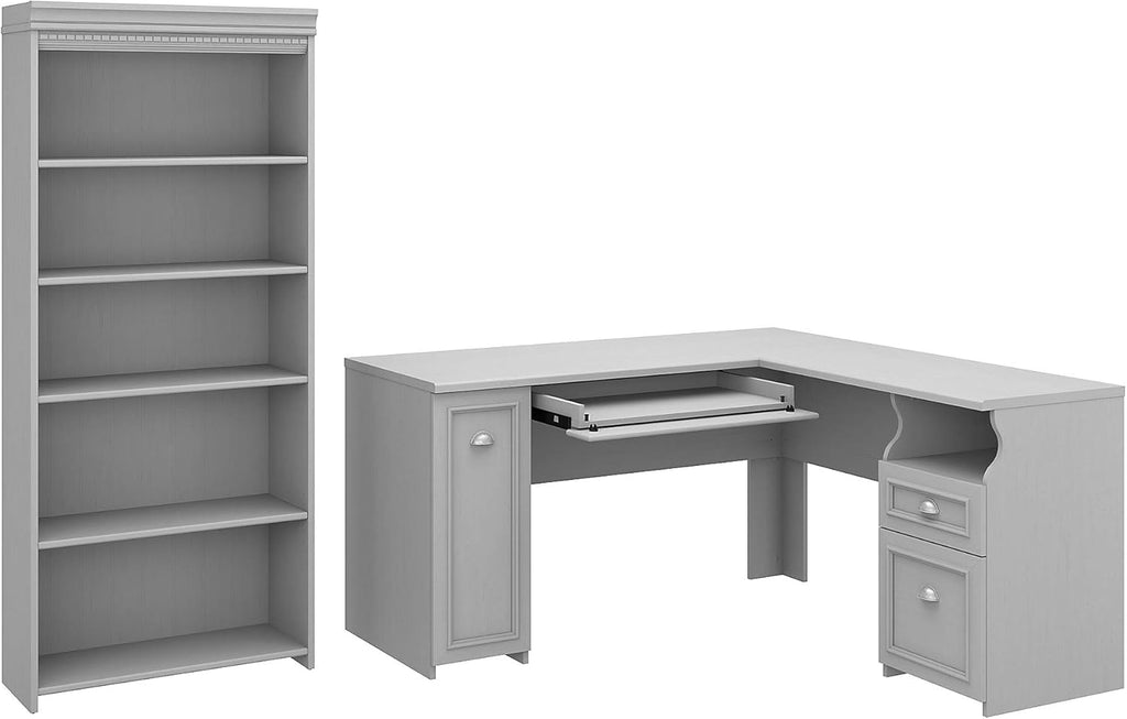 Antique White L Shaped Desk and 5 Shelf Bookcase I867