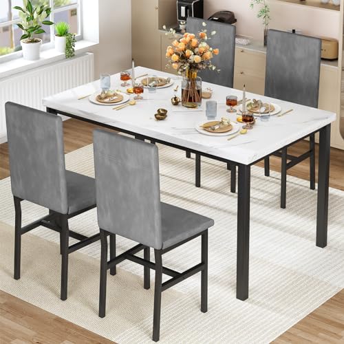 Dining Table Set for 4 with Faux Marble Tabletop and 4 PU Leather Chairs X936664