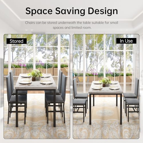 Dining Table Set for 4 with Faux Marble Tabletop and 4 PU Leather Chairs X936664