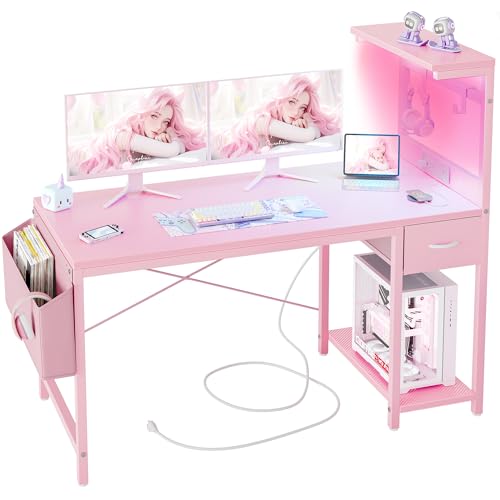 Carbon Fiber Black 47 inch Gaming Desk with Power Outlet and LED Light and Storage Drawer J567