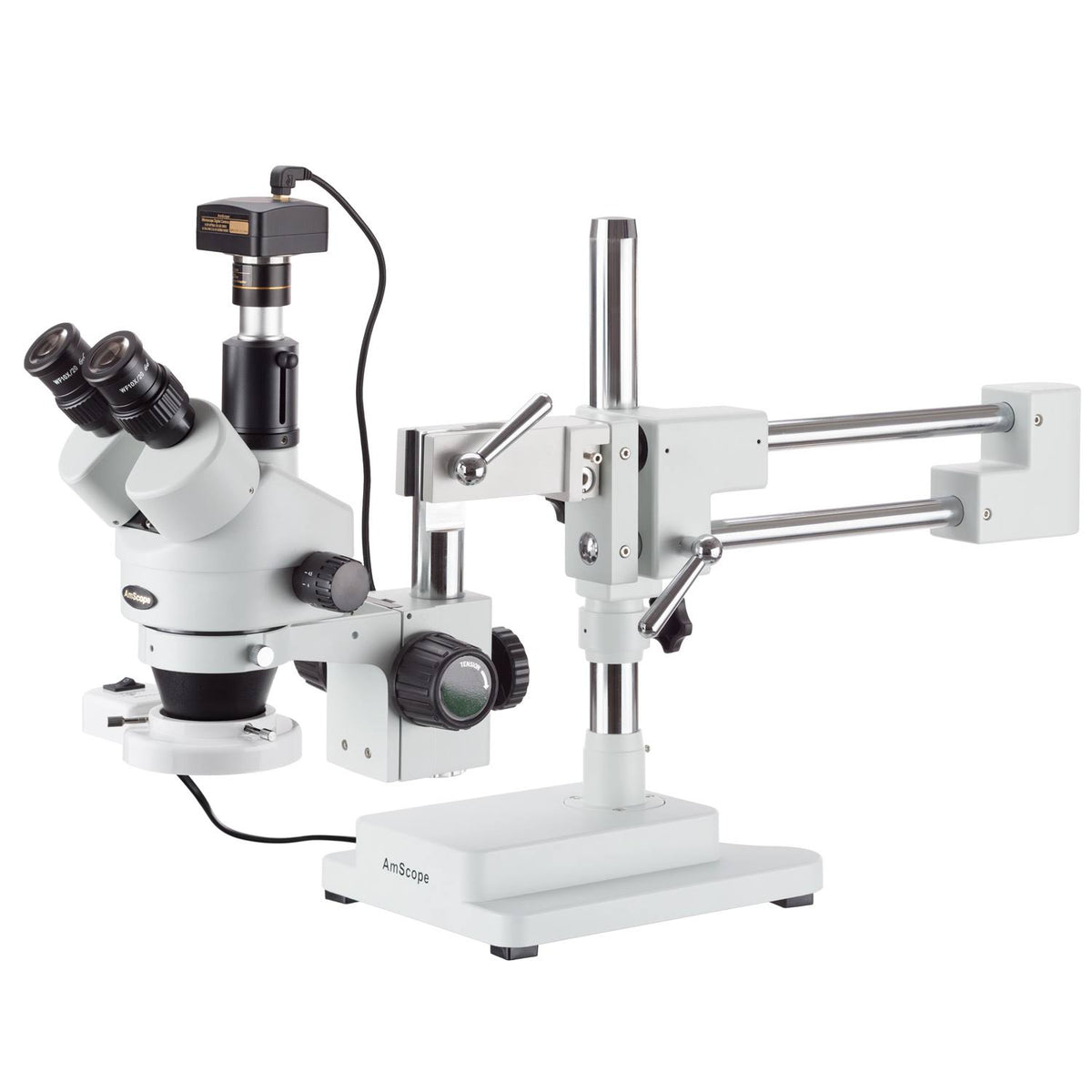 7X-45X Simul-Focal Fluorescent Trinocular Boom Stereo Microscope with 10MP Camera P973