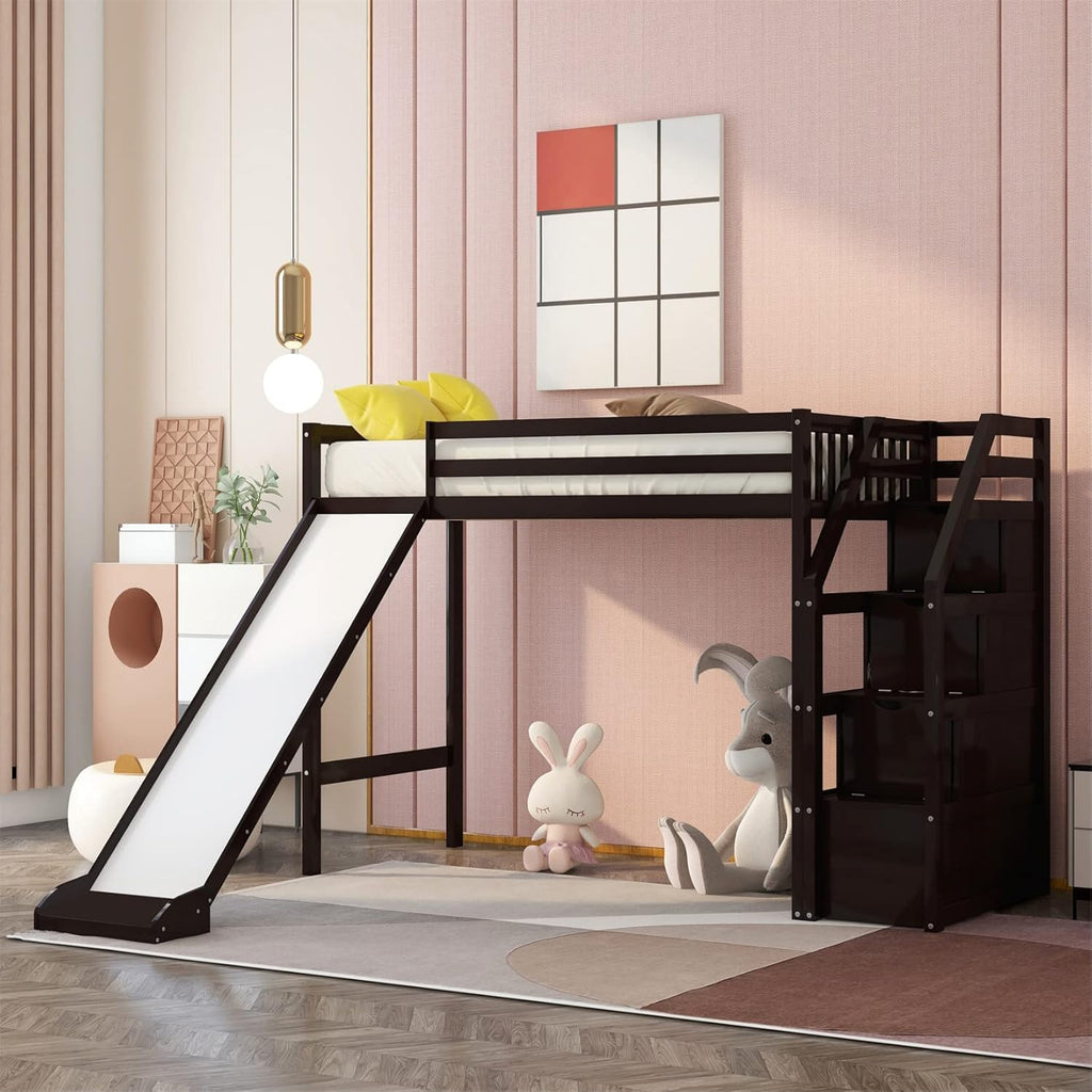 White Wood Twin Loft Bed with Slide and Staircase Storage D307319