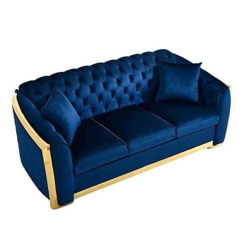 Blue Tufted Velvet 3 Seater Sofa with 2 Pillows G693