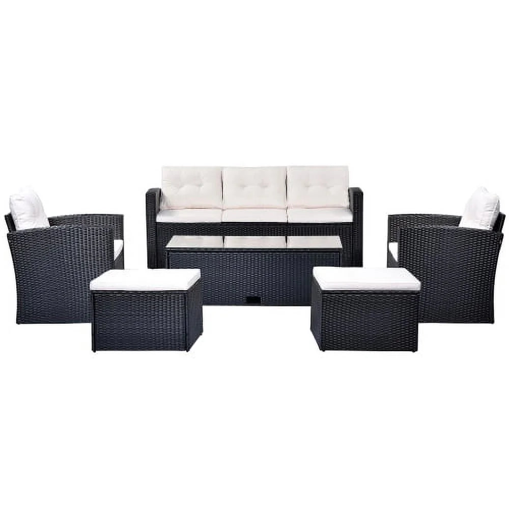 6 Piece Outdoor Patio Furniture Conversation Set with Coffee Table, All-Weather Wicker PE Rattan Sectional Sofas with Ottomans, Black Wicker Beige Cushion J148785