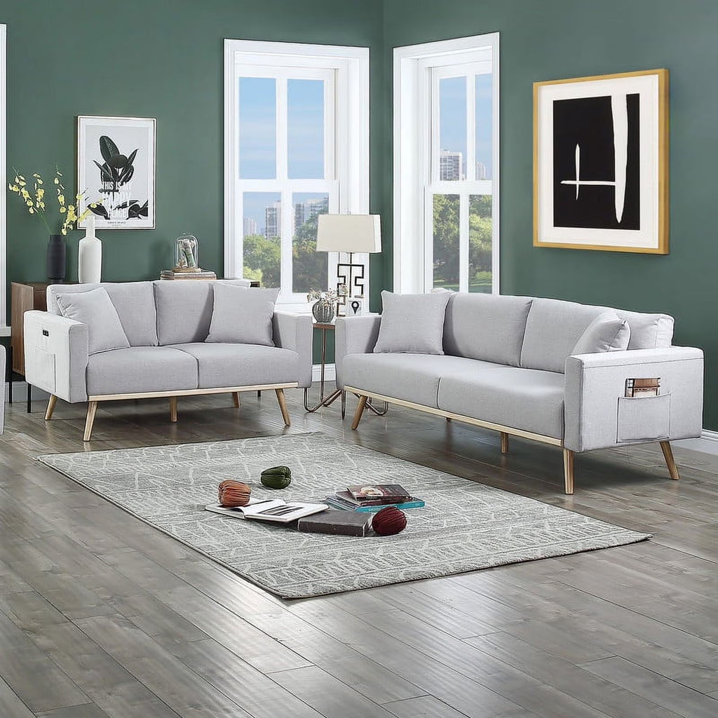 Light Gray Linen Fabric Sofa Loveseat Set L96032